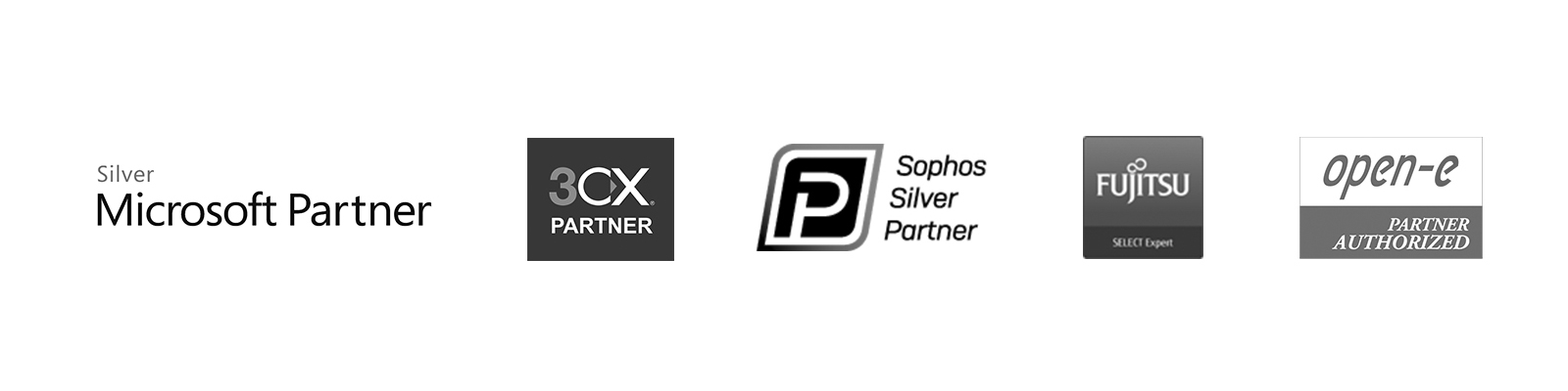 Ein schwarzweißer Slider in dem Partnerlogos der Firmen Microsoft, 3XC, Sophos, Fujitsu und open-e zu sehen sind