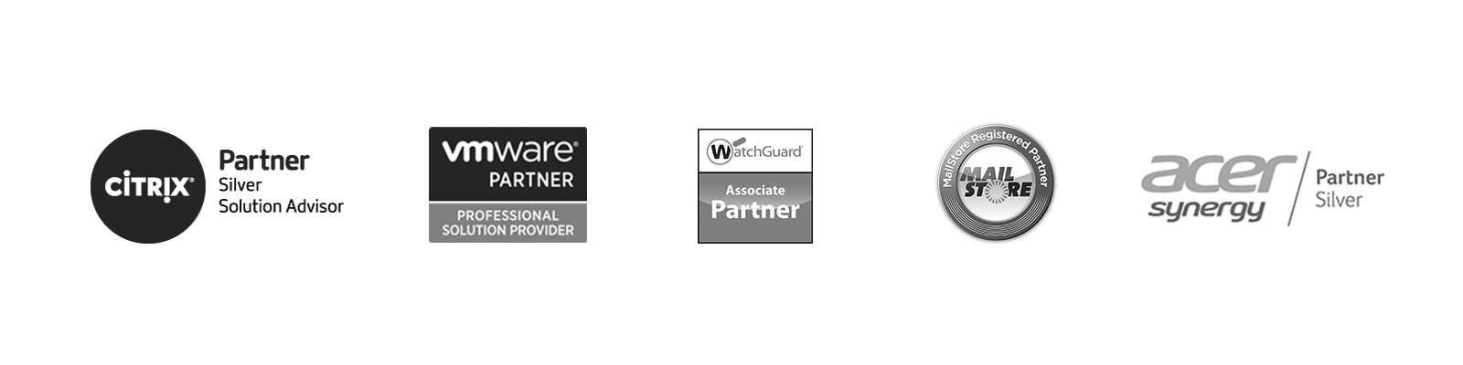 Ein schwarzweißer Slider in dem Partnerlogos der Firmen Citrix, vmware, WatchGuard, Mailstore und Acer zu sehen sind.