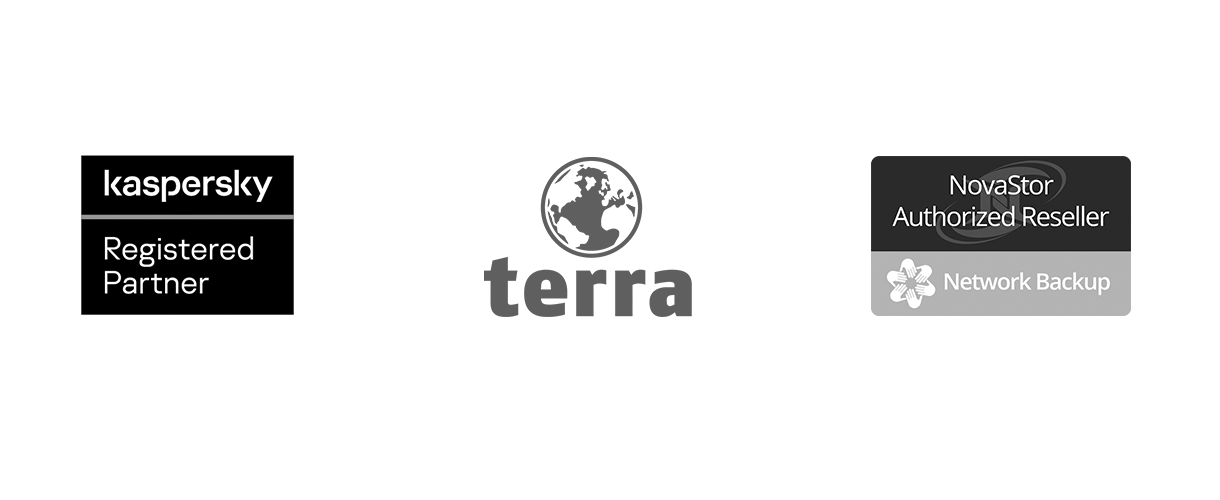 Ein schwarzweißer Slider in dem Partnerlogos der Firmen Kaspersky, Terra und NovaStor zu sehen sind