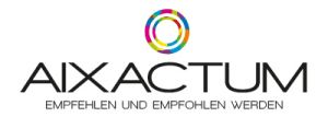 Das Aixactum Logo besteht aus zwei bunten Kreisen. Darunter der Schriftzug "Aixactum - empfehlen und empfohlen werden"
